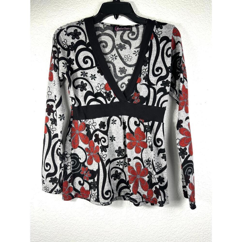 Luna Claire S Knit Top V-Neck Long Sleeve Floral Retro Y2K Boho Sweater Shirt